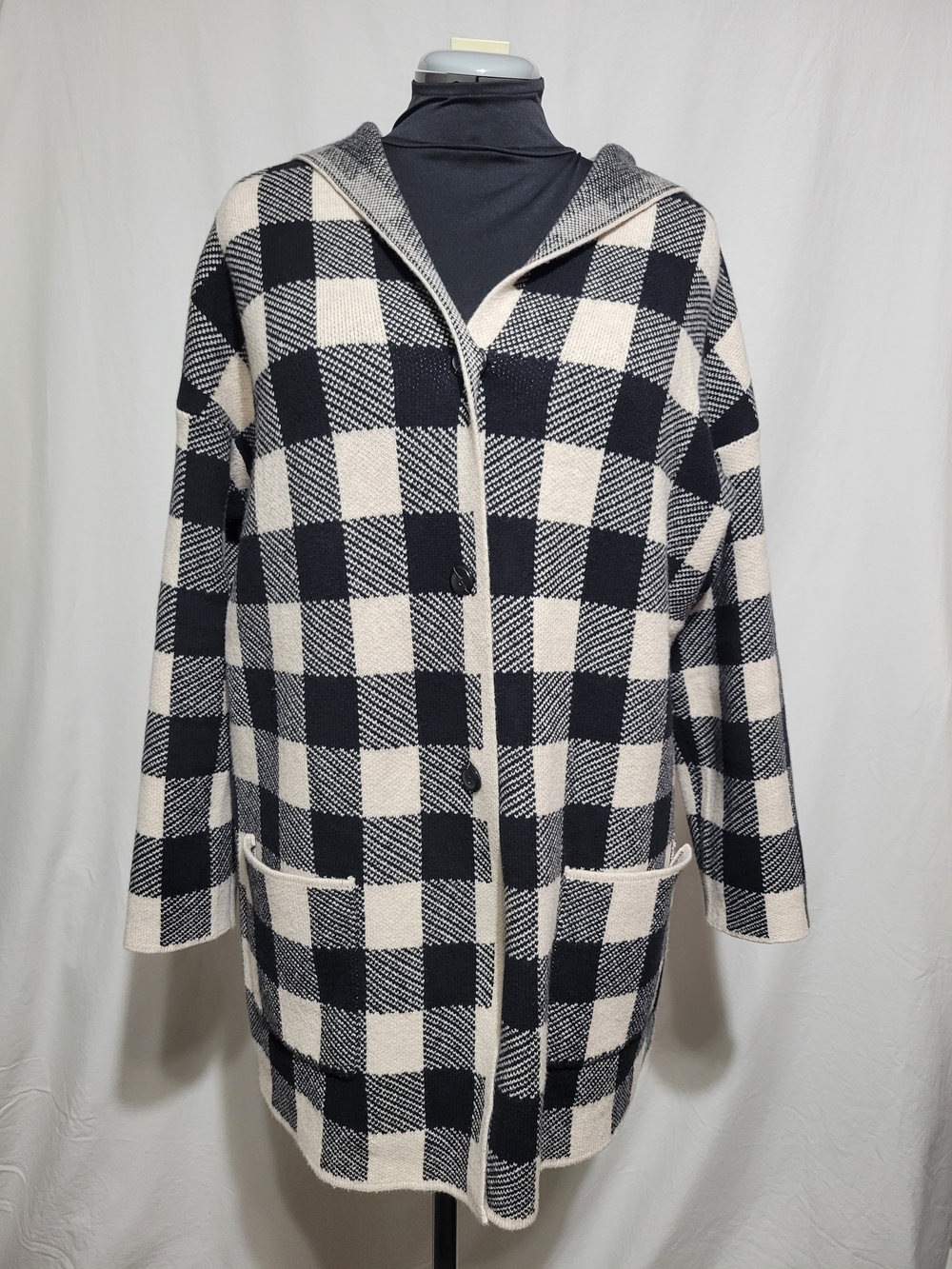 Women’s Black & Cream Plaid Hooded Sweater Coat